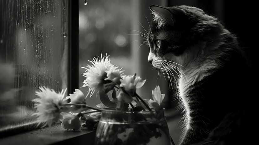 Monochrome Rainstorm with Cat