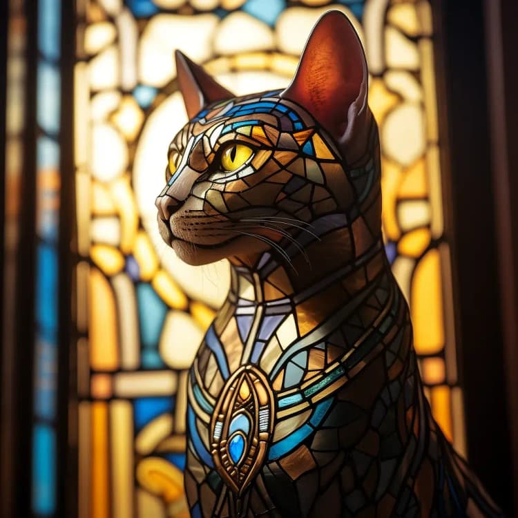 Stained glass artwork of a majestic Egyptian cat with sunlight behind
