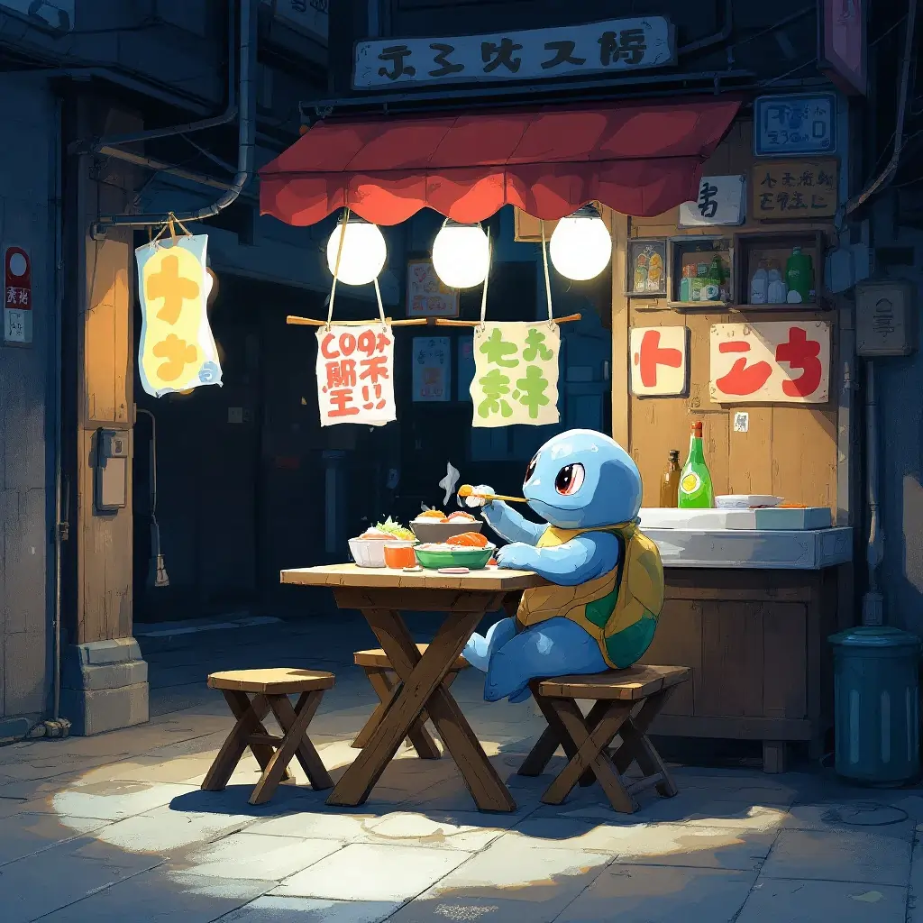 Squirtle Eating Sushi in Tokyo